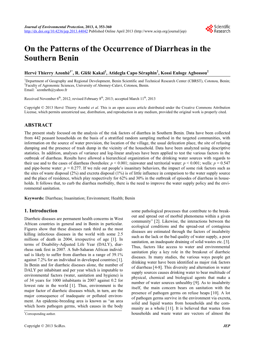 On the Patterns of the Occurrence of Diarrheas in the Southern Benin