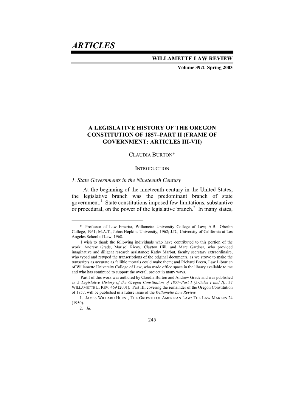 ARTICLES WILLAMETTE LAW REVIEW Volume 39:2 Spring 2003