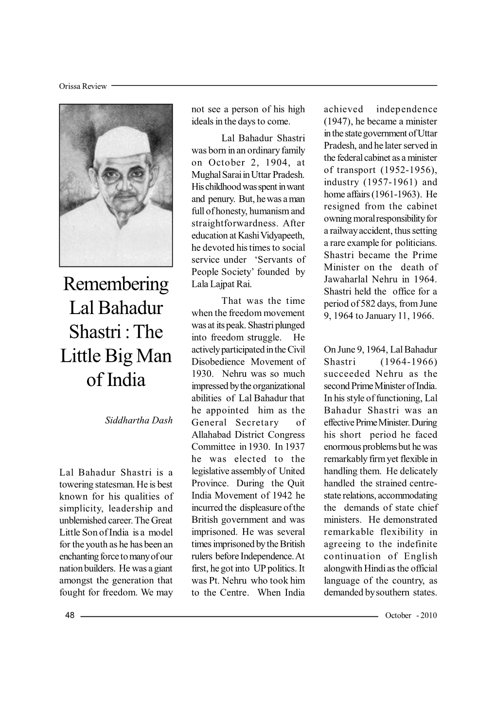 Remembering Lal Bahadur Shastri : the Little Big Man of India
