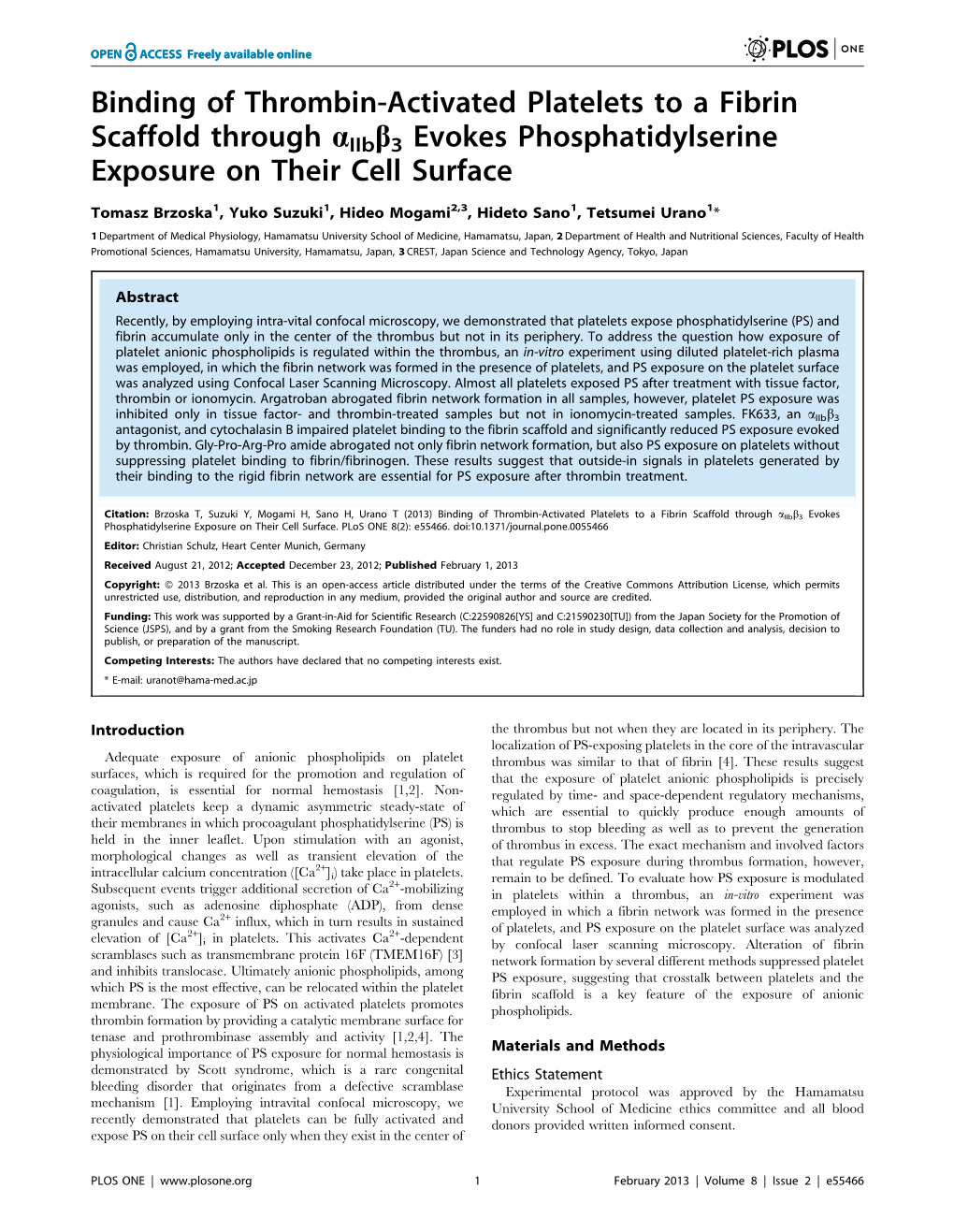 Binding of Thrombin-Activated Platelets to a Fibrin Scaffold Through Aiibb3 Evokes Phosphatidylserine Exposure on Their Cell Surface