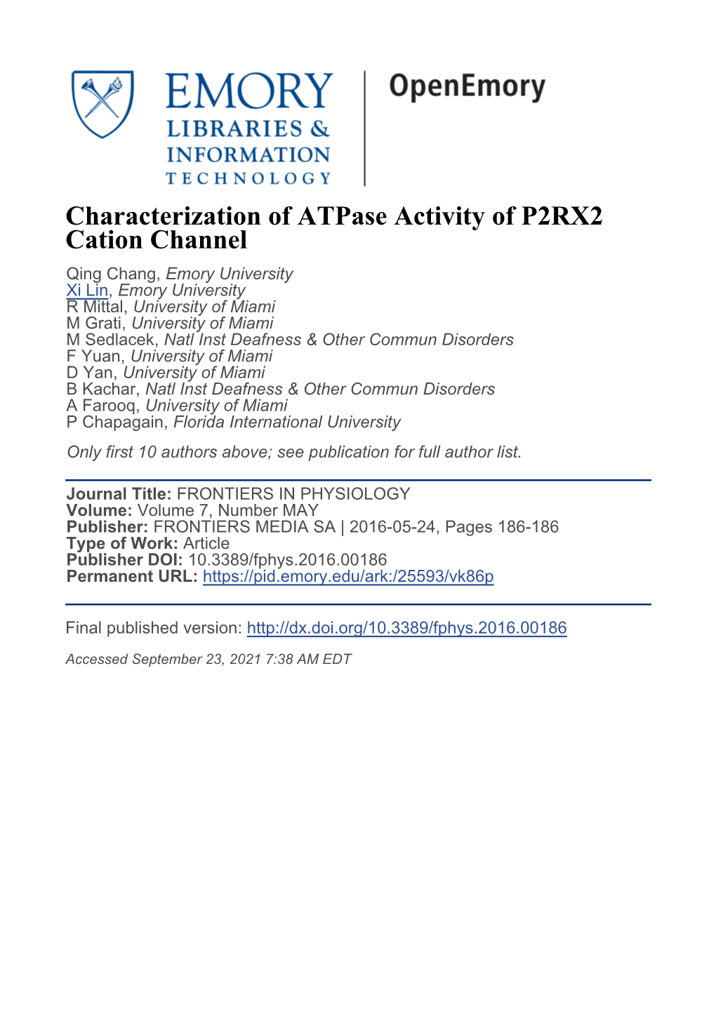 Characterization of Atpase Activity of P2RX2 Cation Channel