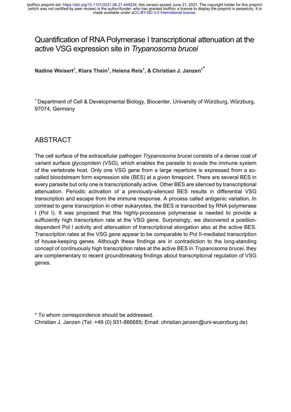 Quantification of RNA Polymerase I Transcriptional Attenuation at the Active VSG Expression Site in Trypanosoma Brucei