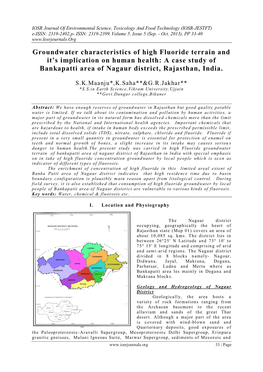Groundwater Characteristics of High Fluoride Terrain and It’S Implication on Human Health: a Case Study of Bankapatti Area of Nagaur District, Rajasthan, India