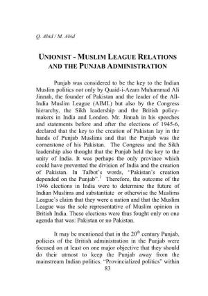 Unionist - Muslim League Relations and the Punjab Administration