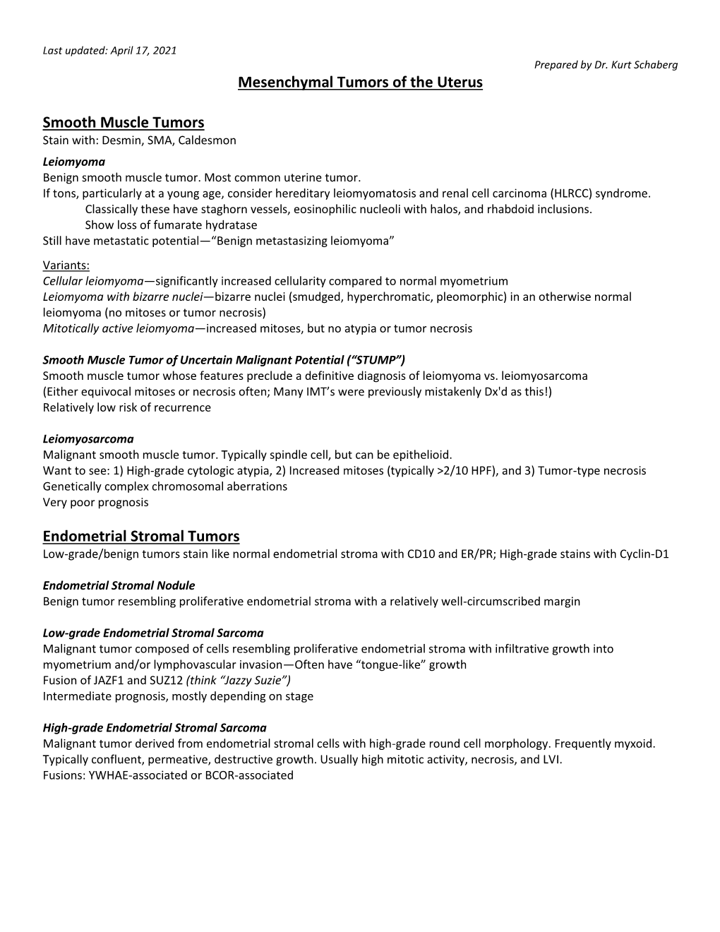 Mesenchymal Tumors of the Uterus Smooth Muscle Tumors