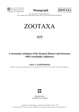 A Taxonomic Catalogue of the Dyspnoi Hansen and Sørensen, 1904 (Arachnida: Opiliones)