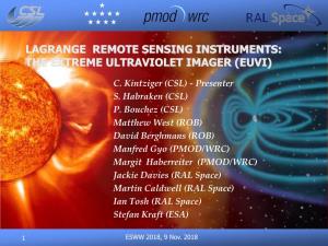 Lagrange Remote Sensing Instruments: the Extreme Ultraviolet Imager (Euvi)