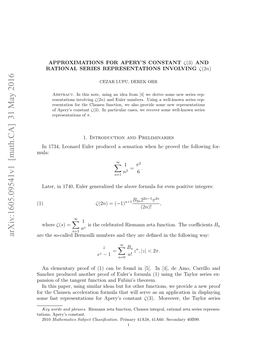 Approximations for Apery's Constant $\Zeta (3) $ and Rational Series