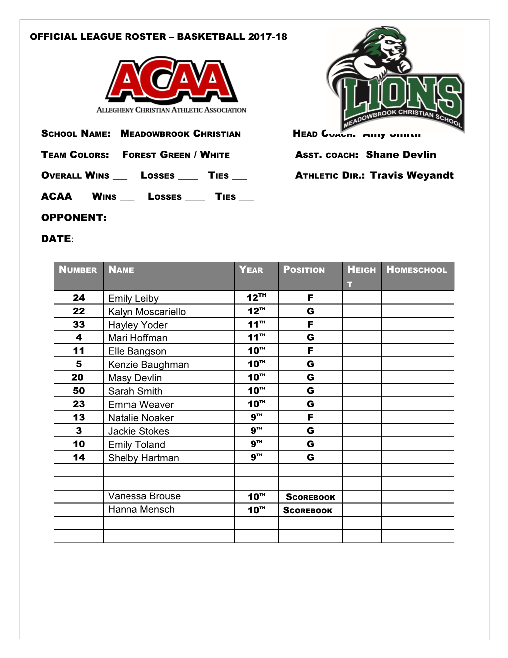 Official League Roster Basketball 2016-17