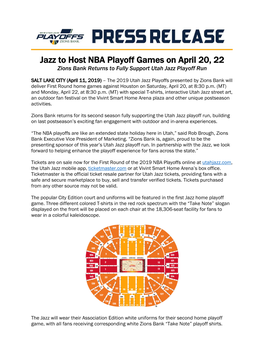 Jazz to Host NBA Playoff Games on April 20, 22 Zions Bank Returns to Fully Support Utah Jazz Playoff Run