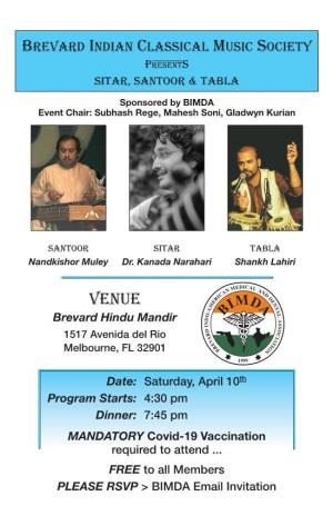 Brevard Indian Classical Music Society Presents Sitar, Santoor & Tabla