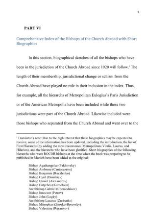 PART VI Comprehensive Index of the Bishops of the Church Abroad with Short Biographies in This Section, Biographical Sketches Of