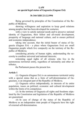 LAW on Special Legal Status of Gagauzia (Gagauz Eri) № 344-XIII