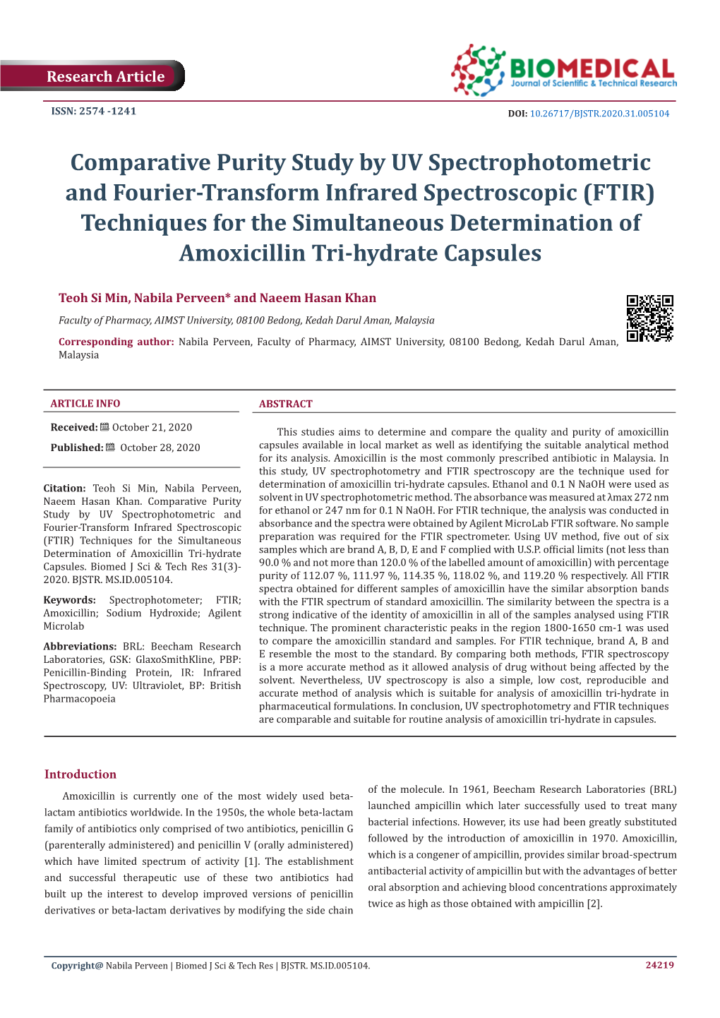 Comparative Purity Study by UV Spectrophotometric and Fourier