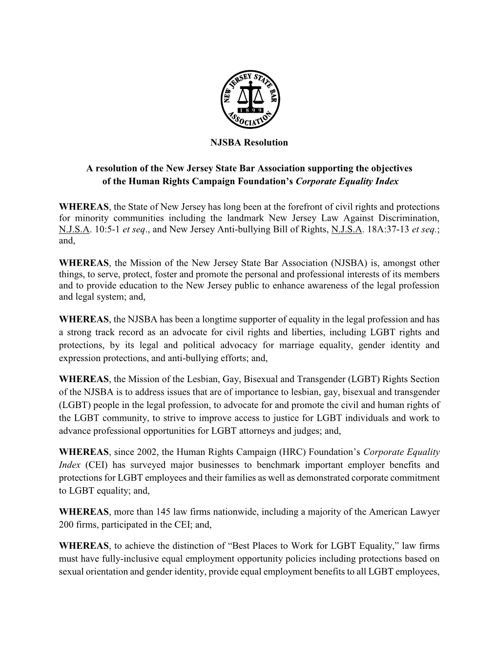 NJSBA Resolution Supporting the Objectives of the Human Rights