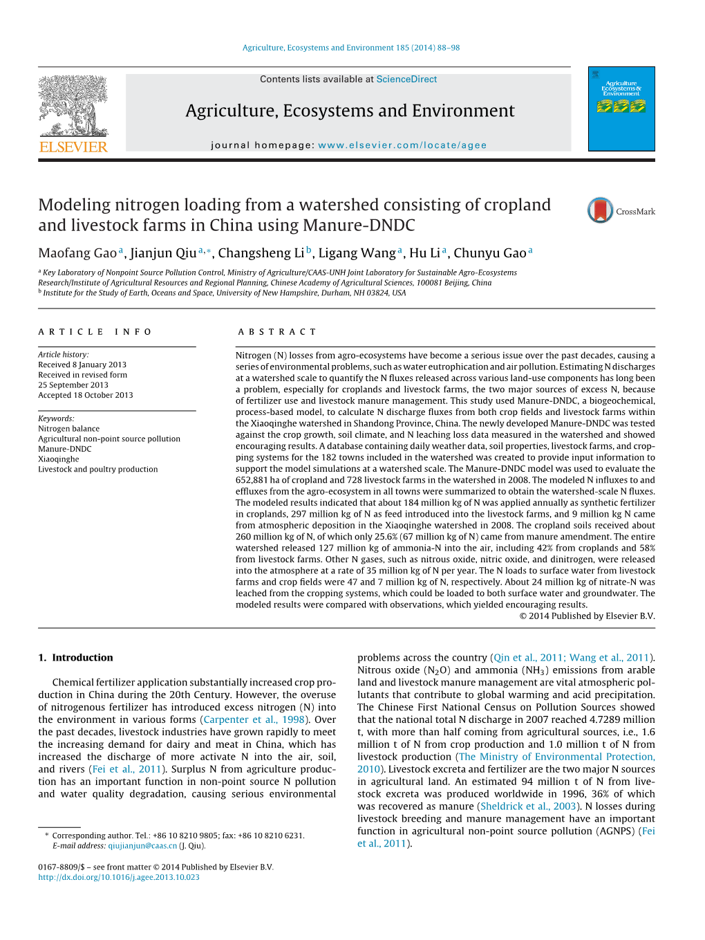 Modeling Nitrogen Loading from a Watershed Consisting of Cropland