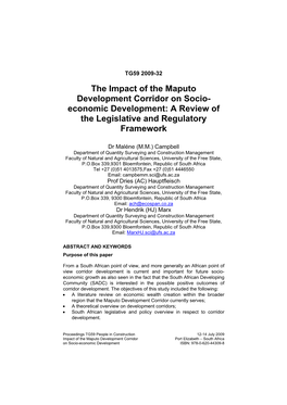 The Impact of the Maputo Development Corridor on Socio- Economic Development: a Review of the Legislative and Regulatory Framework