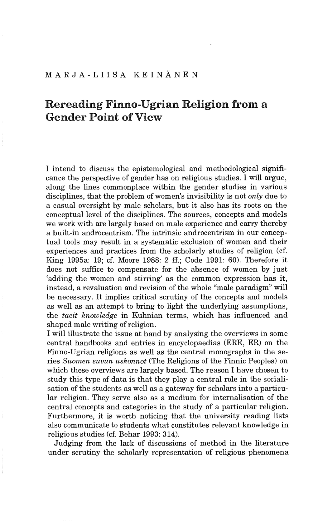 Rereading Finno-Ugrian Religion from a Gender Point of View