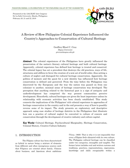 A Review of How Philippine Colonial Experience Influenced the Country’S Approaches to Conservation of Cultural Heritage