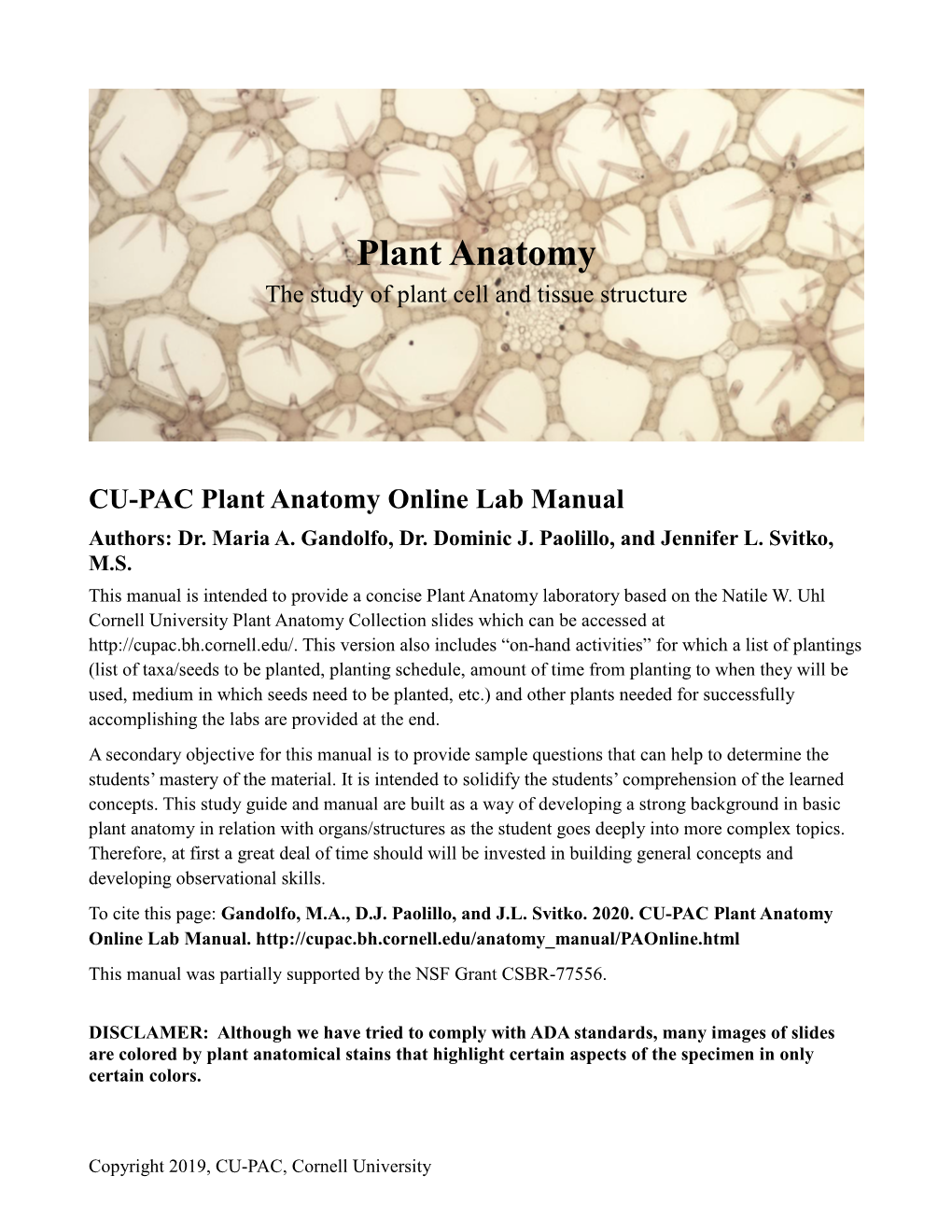 Plant Anatomy the Study of Plant Cell and Tissue Structure