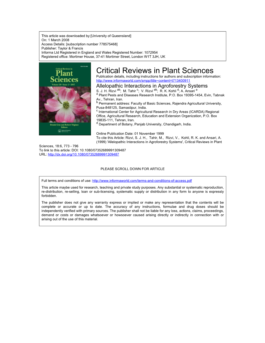 Critical Reviews in Plant Sciences
