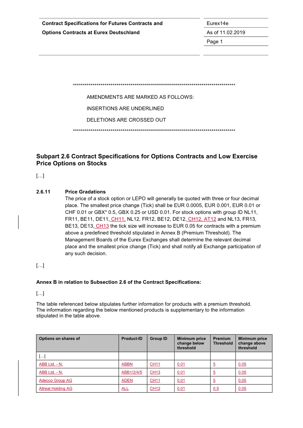 Subpart 2.6 Contract Specifications for Options Contracts and Low Exercise Price Options on Stocks