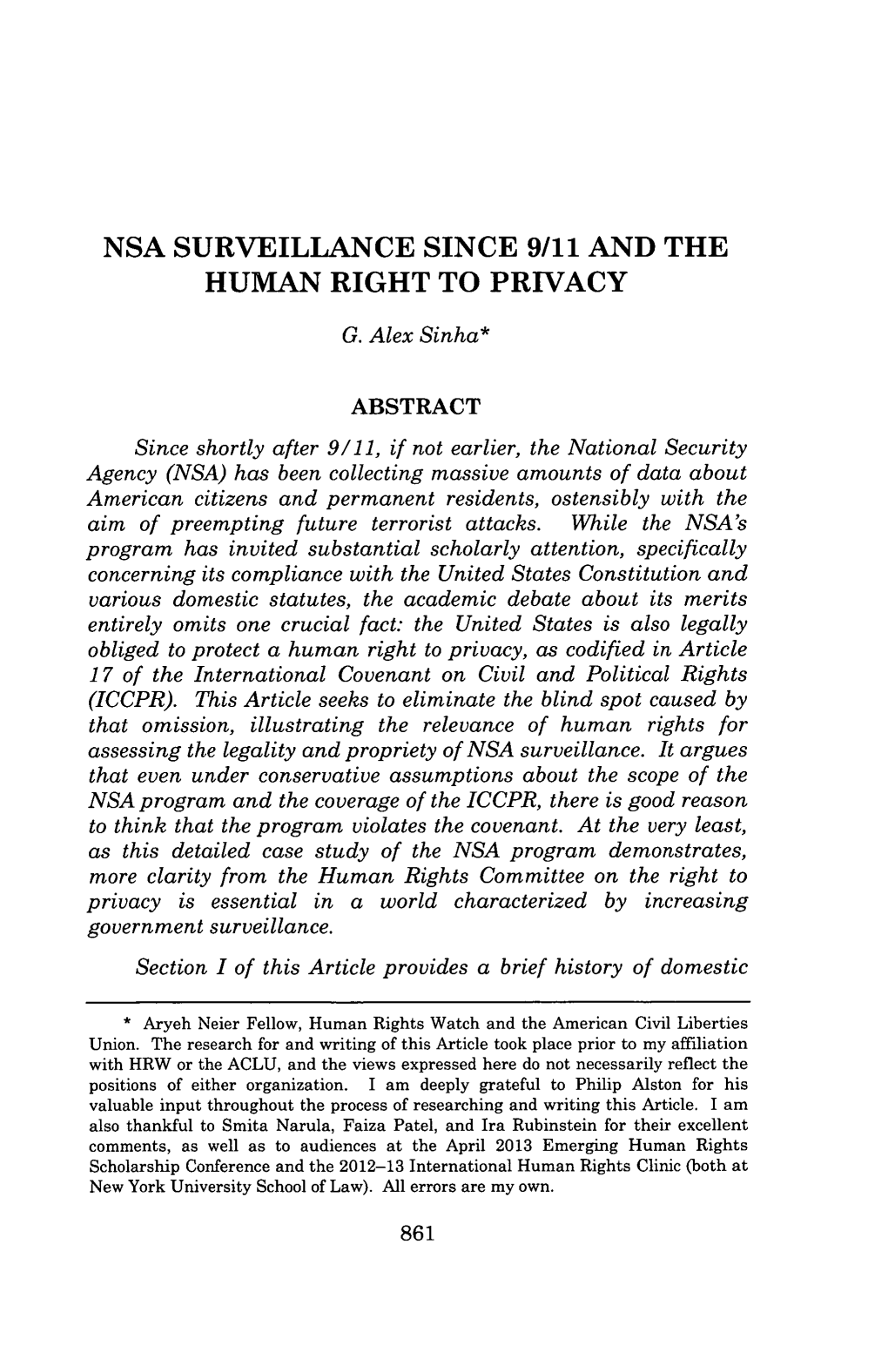 Nsa Surveillance Since 9/11 and the Human Right to Privacy