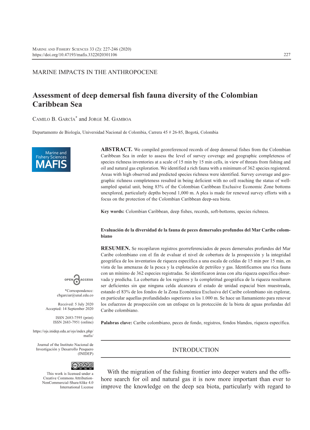 Assessment of Deep Demersal Fish Fauna Diversity of the Colombian Caribbean Sea