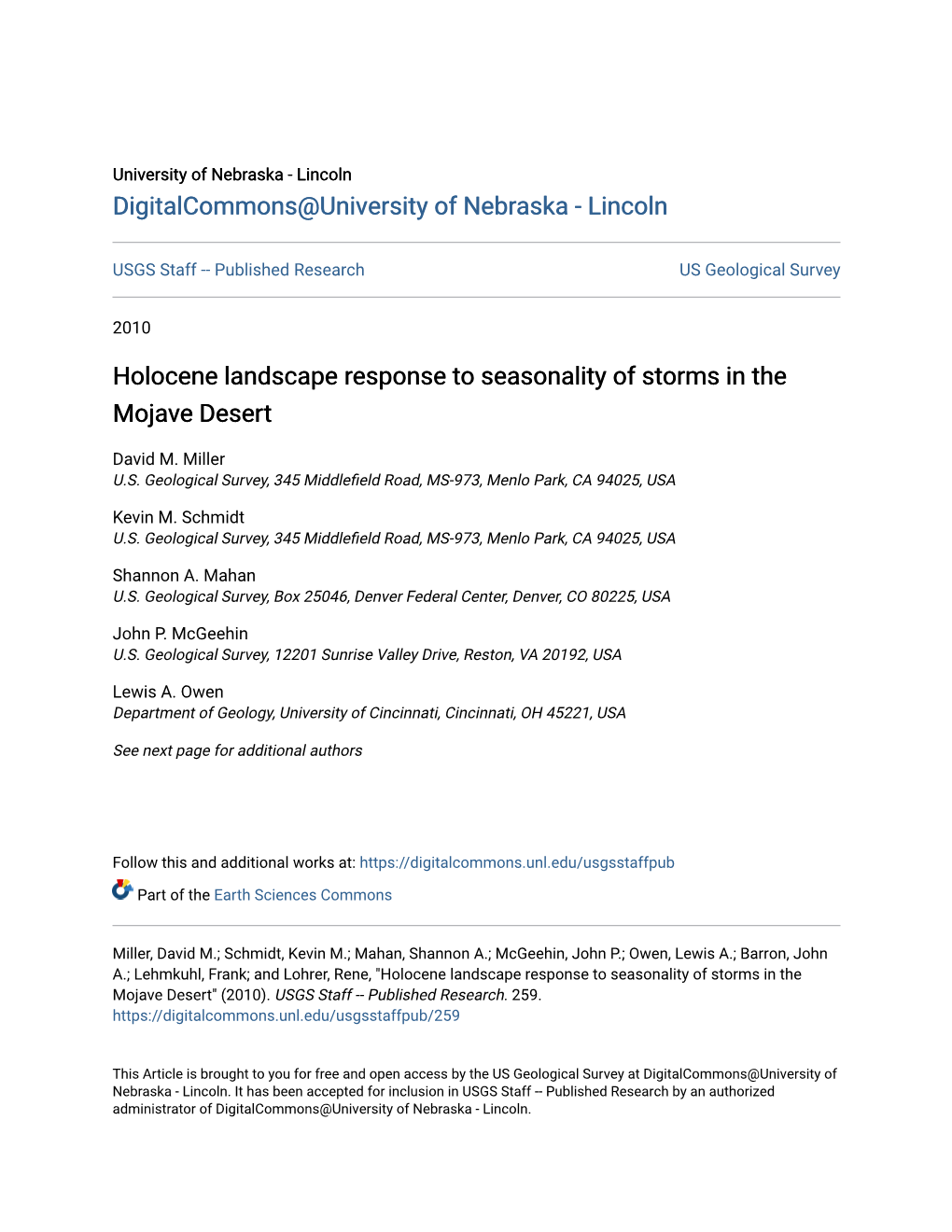 Holocene Landscape Response to Seasonality of Storms in the Mojave Desert