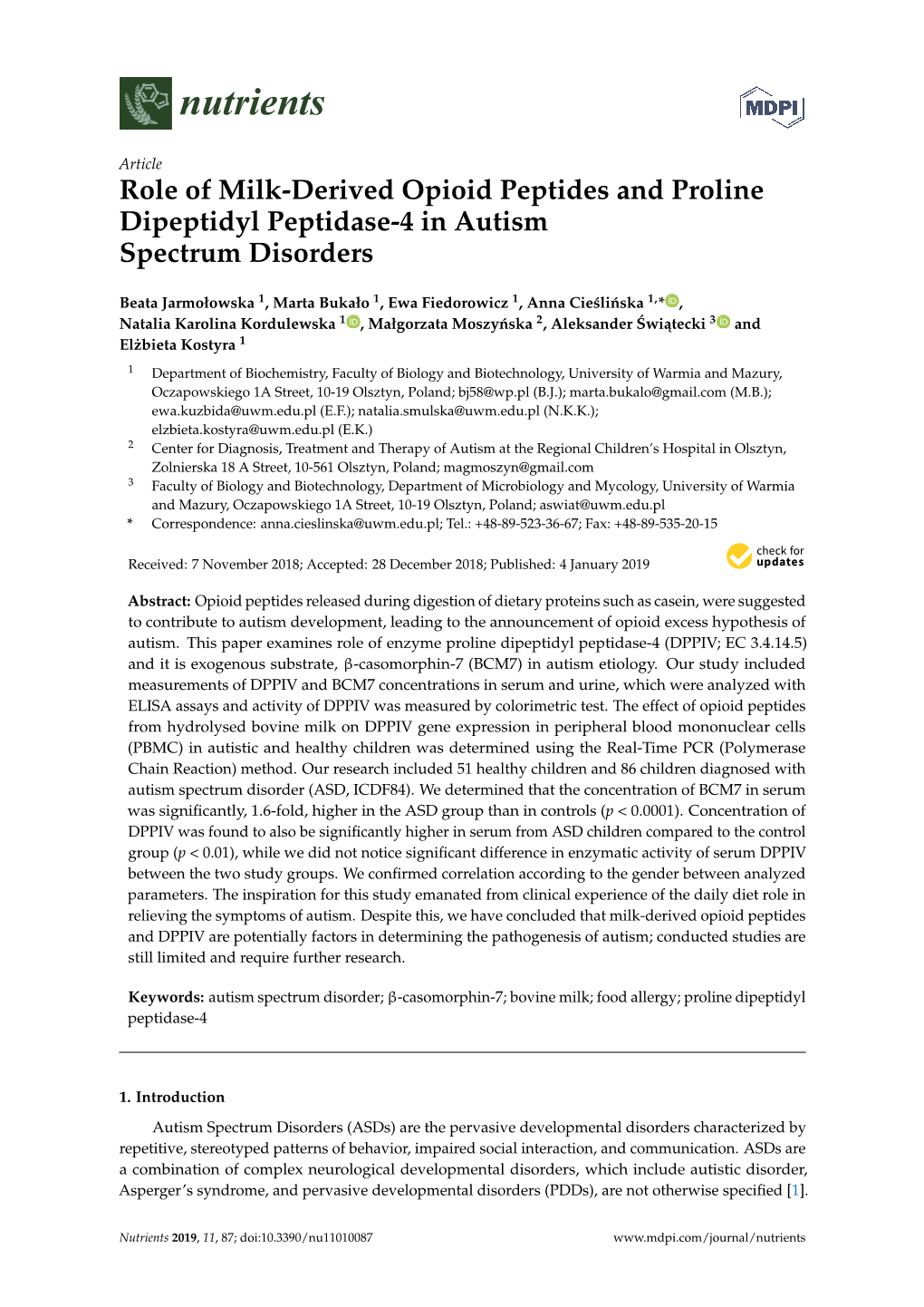 Role of Milk-Derived Opioid Peptides and Proline Dipeptidyl Peptidase-4 in Autism Spectrum Disorders