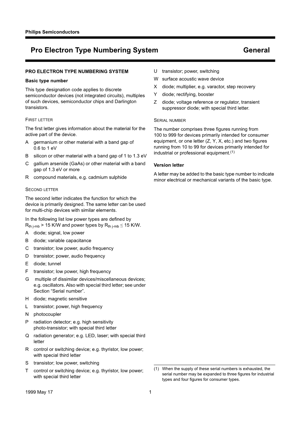 Pro Electron Type Numbering System General