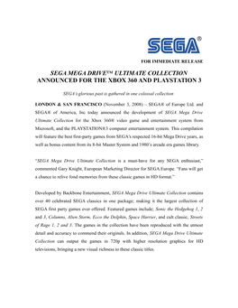 Sega Mega Drive™ Ultimate Collection Announced for the Xbox 360 and Playstation 3
