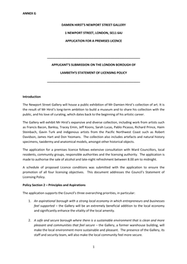 Annex G 1 Damien Hirst's Newport Street Gallery 1 Newport Street, London, Se11 6Aj Application for a Premises Licence ___