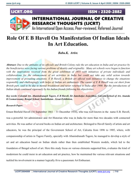 Role of E B Havell on Manifestation of Indian Ideals in Art Education