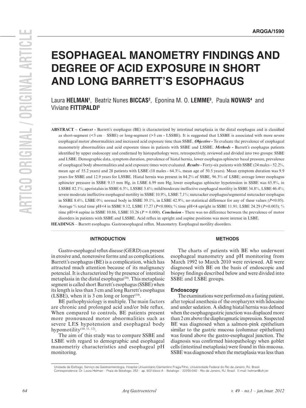 Esophageal Manometry Findings and Degree of Acid Exposure in Short and Long Barrett’S Esophagus