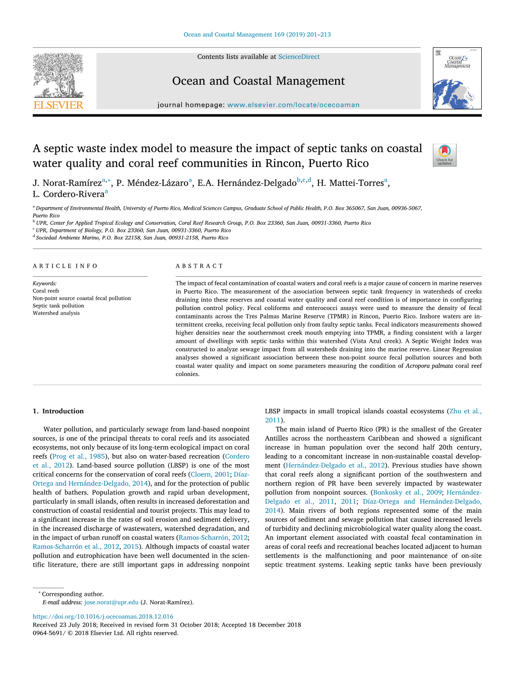 A Septic Waste Index Model to Measure the Impact of Septic Tanks on Coastal Water Quality and Coral Reef Communities in Rincon