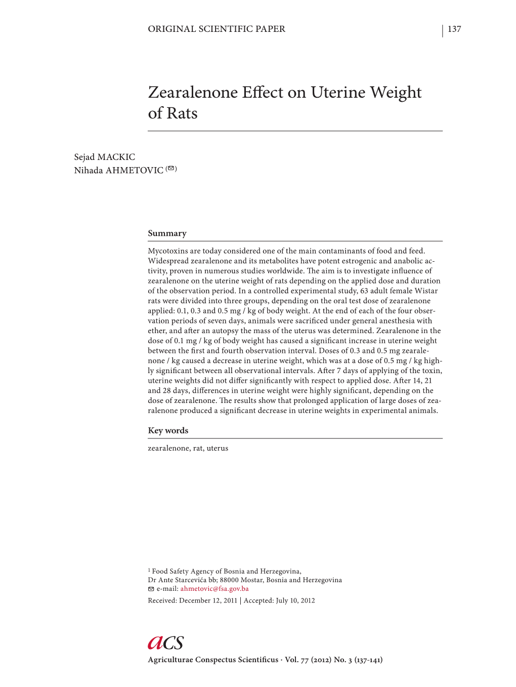 Zearalenone Effect on Uterine Weight of Rats 139