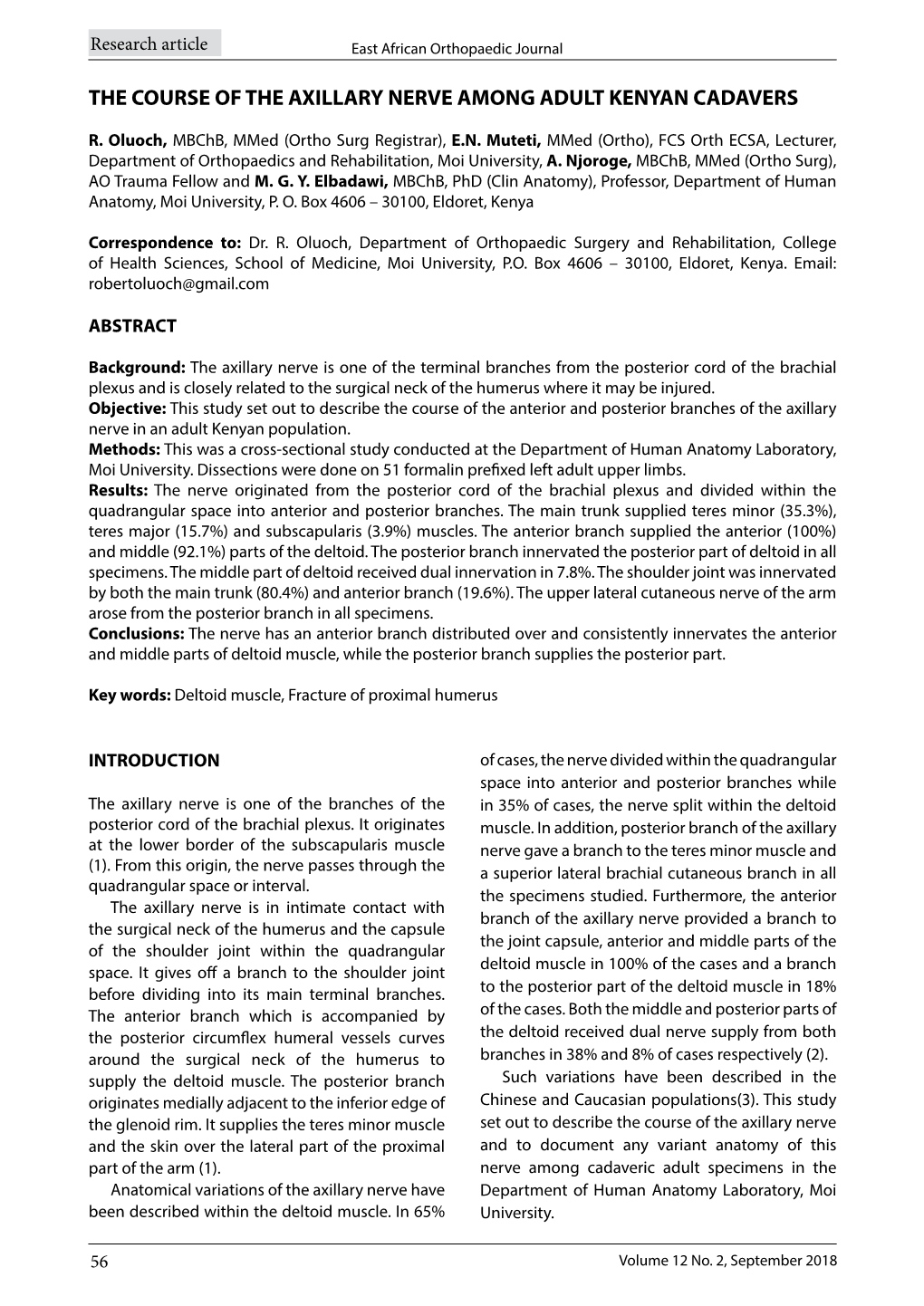 The Course of the Axillary Nerve Among Adult Kenyan Cadavers