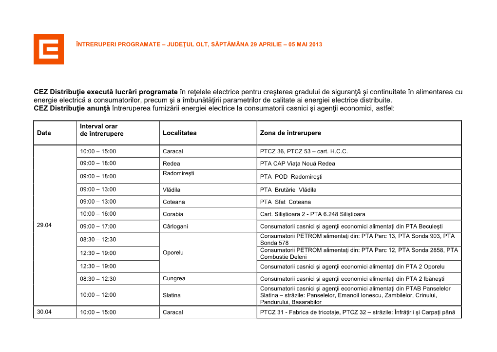 CEZ Distribuţie Execută Lucrări Programate În Reţelele Electrice Pentru Creşterea Gradului De Siguranţă Şi Continuitat