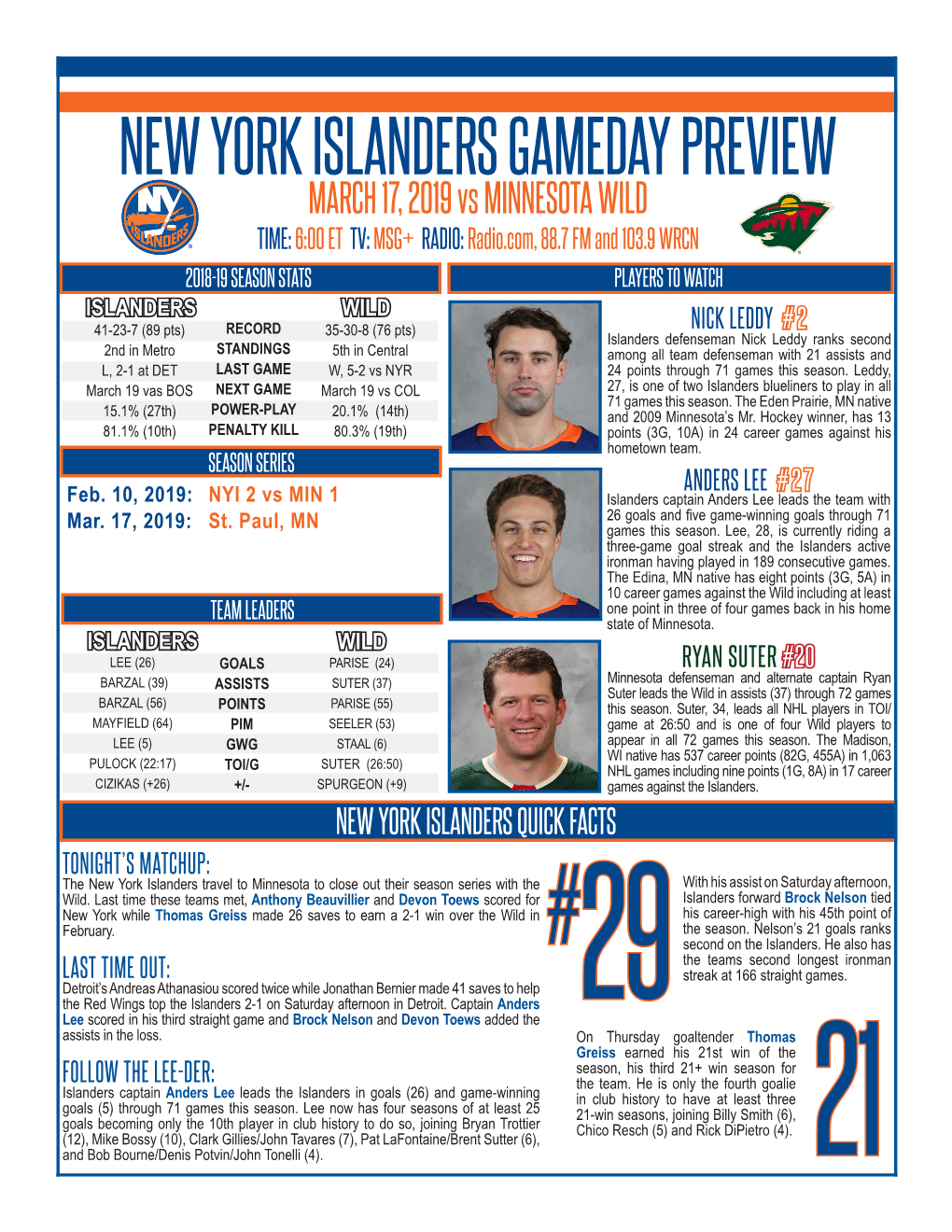 New York Islanders Gameday Preview