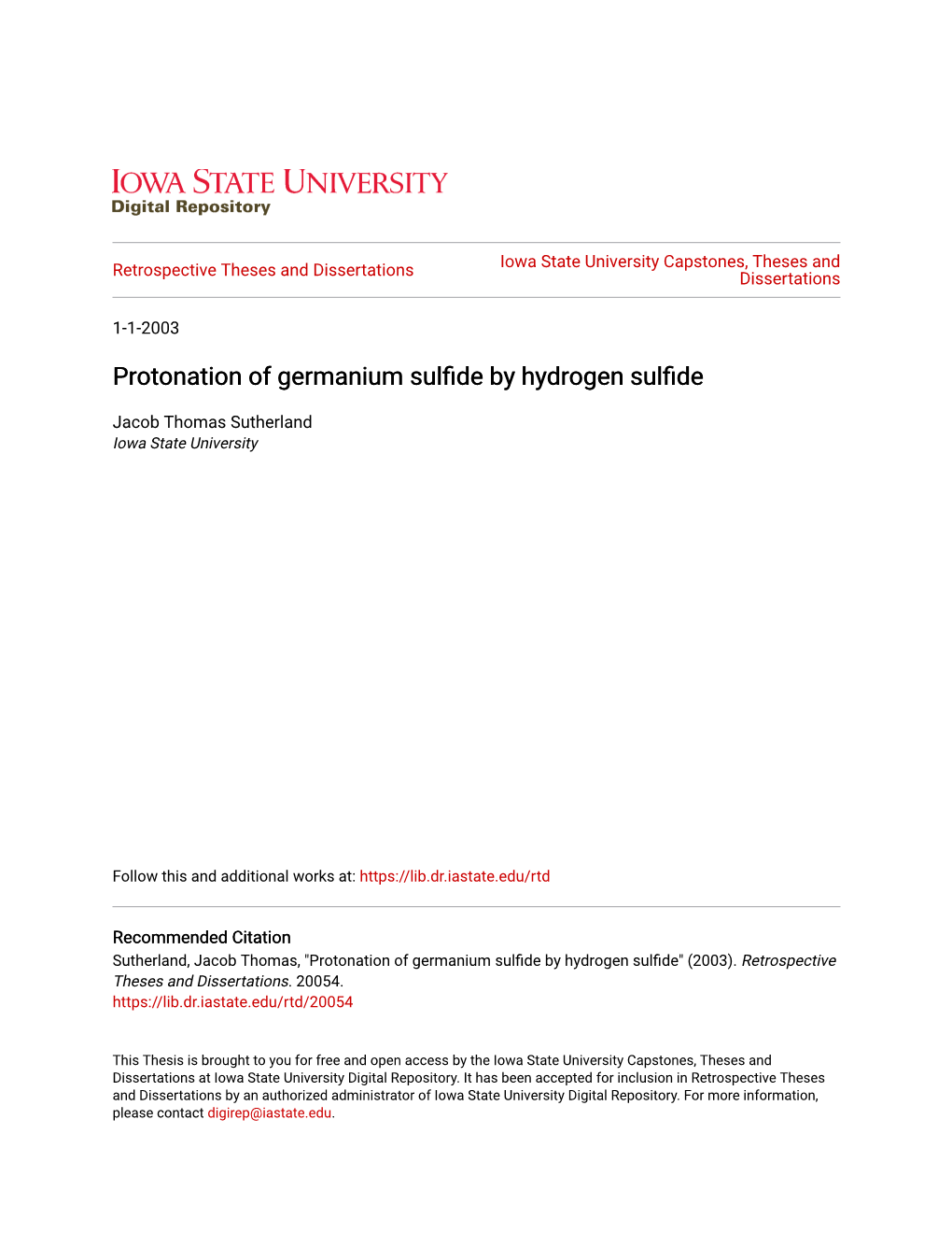 Protonation of Germanium Sulfide by Hydrogen Sulfide