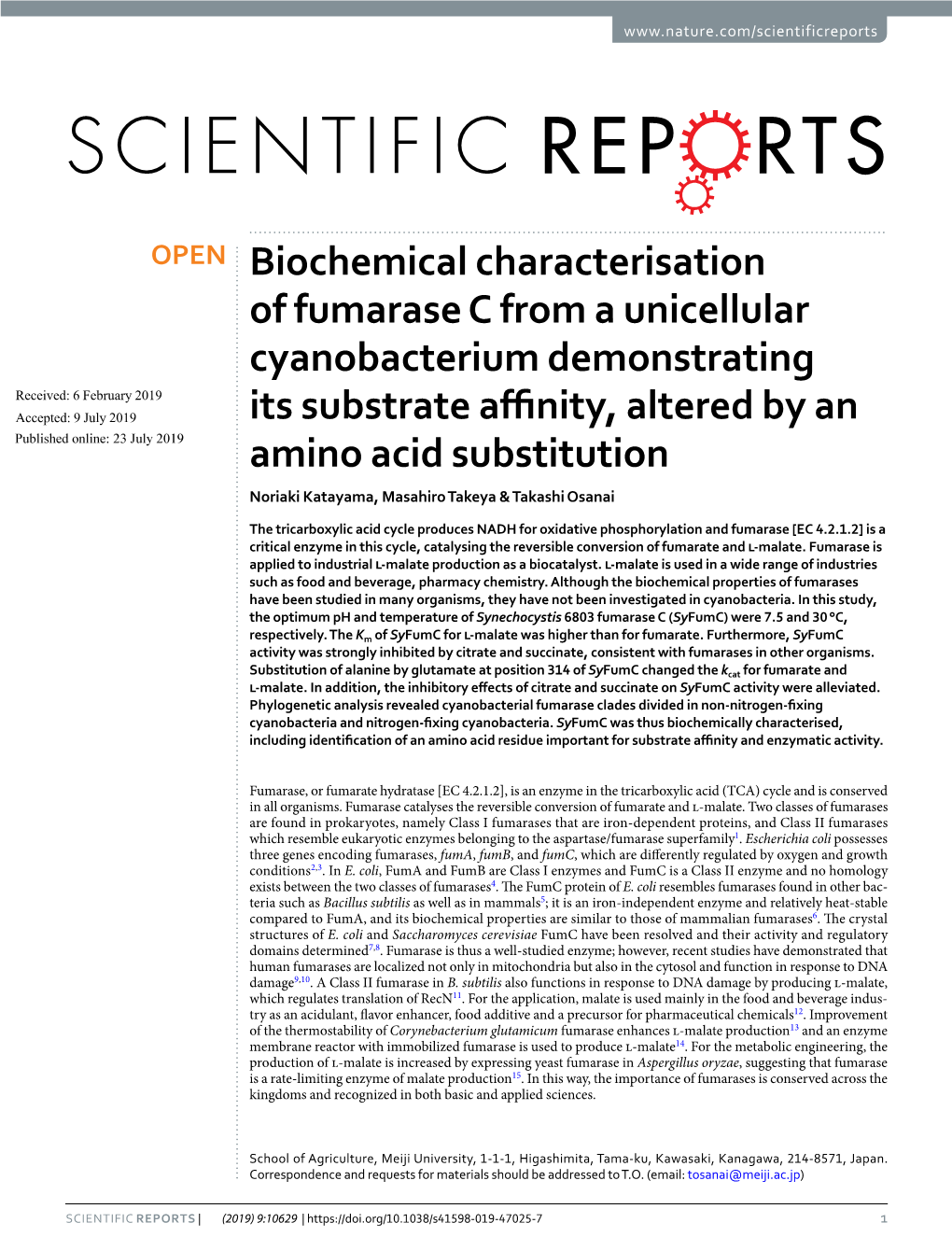 Biochemical Characterisation of Fumarase C from a Unicellular