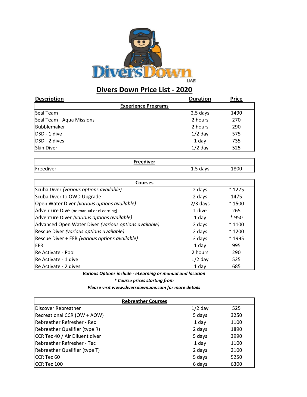 2020 Price List .Xlsx