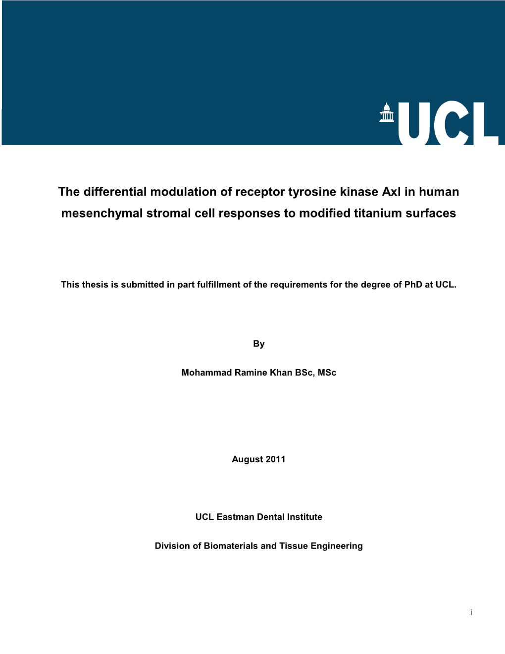 The Differential Modulation of Receptor Tyrosine Kinase Axl in Human Mesenchymal Stromal Cell Responses to Modified Titanium Surfaces