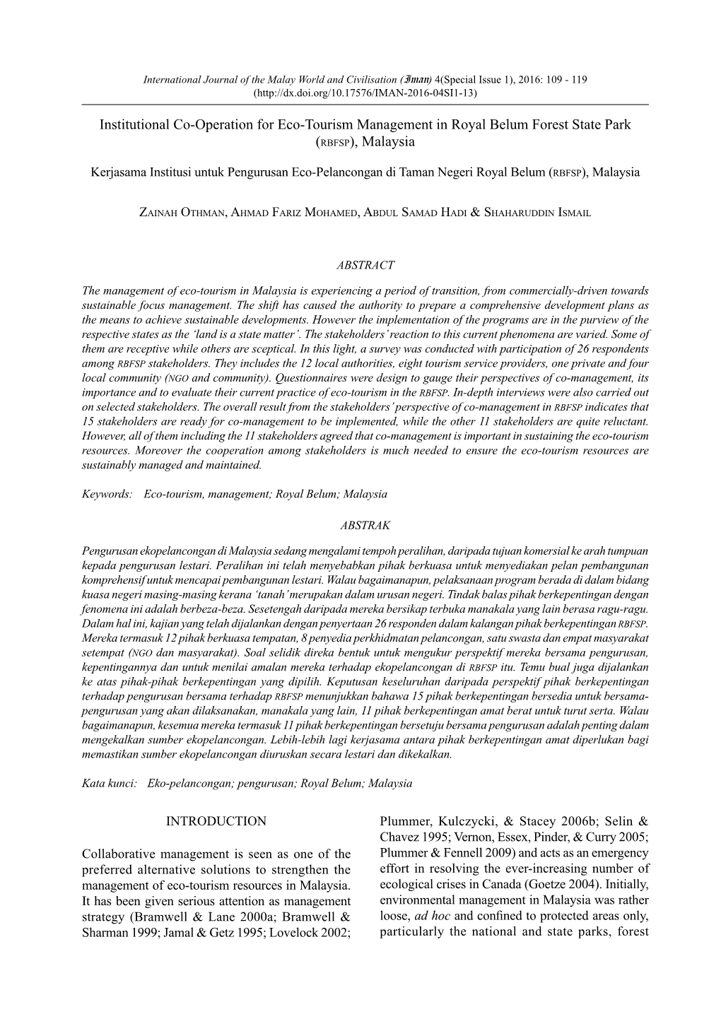 Institutional Co-Operation for Eco-Tourism Management in Royal Belum Forest State Park (RBFSP), Malaysia