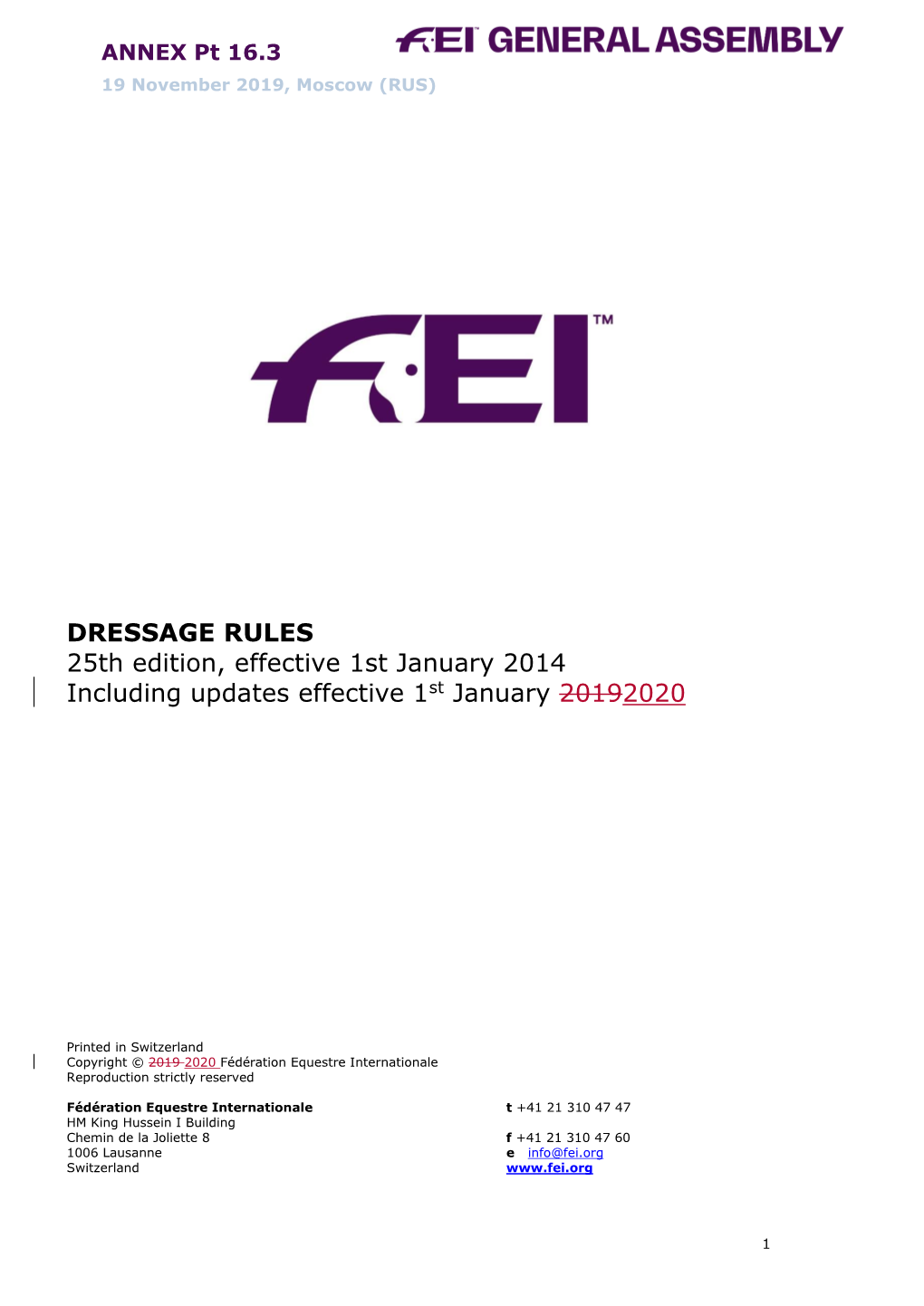 DRESSAGE RULES 25Th Edition, Effective 1St January 2014 Including Updates Effective 1St January 20192020