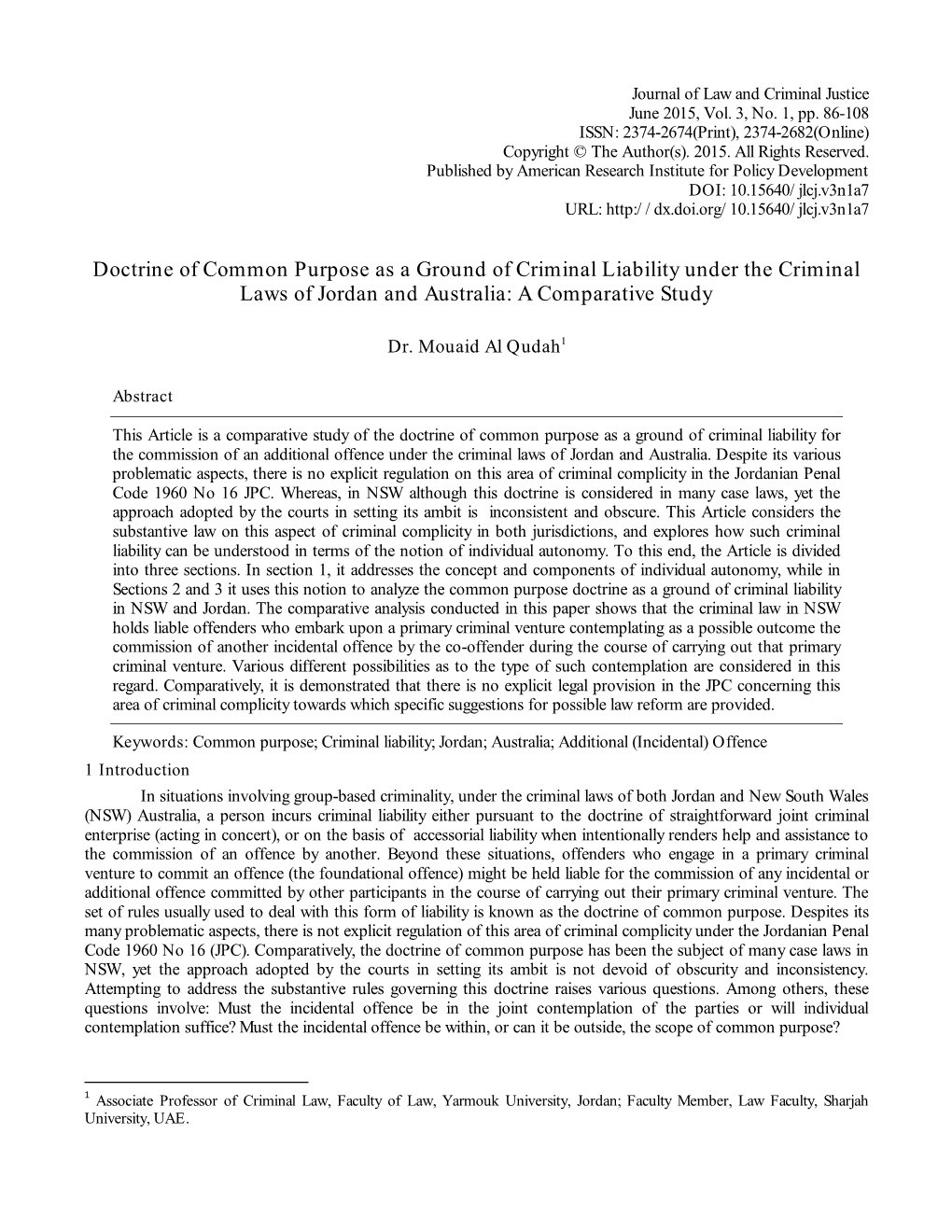 Doctrine of Common Purpose As a Ground of Criminal Liability Under the Criminal Laws of Jordan and Australia: a Comparative Study