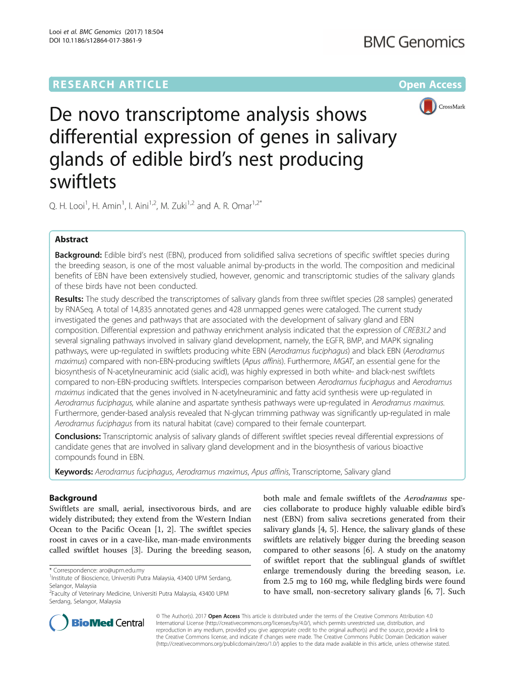 De Novo Transcriptome Analysis Shows Differential Expression of Genes in Salivary Glands of Edible Bird’S Nest Producing Swiftlets Q