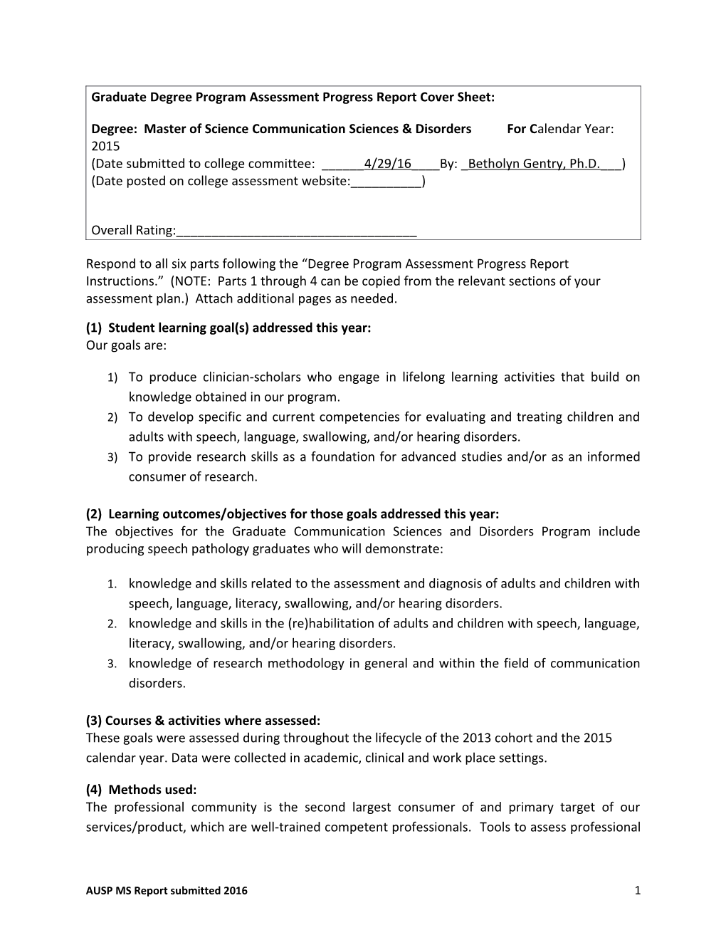 Graduate Degree Program Assessment Progress Report Cover Sheet