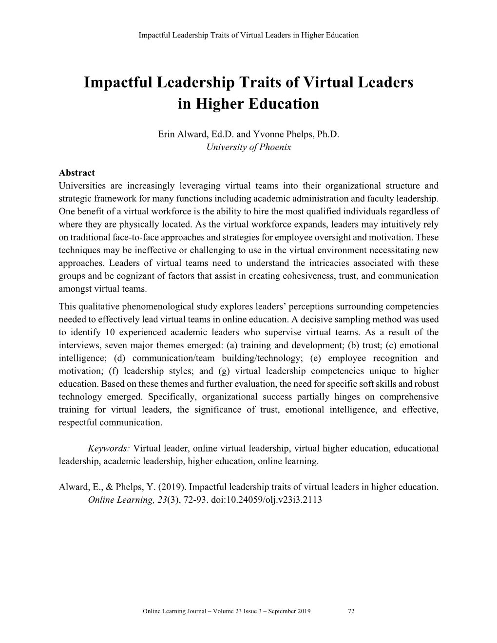 Impactful Leadership Traits of Virtual Leaders in Higher Education. Online Learning, 23(3), 72-93